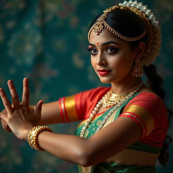 A Bharatanatyam dancer in elegant pose, showcasing traditional Indian dance
