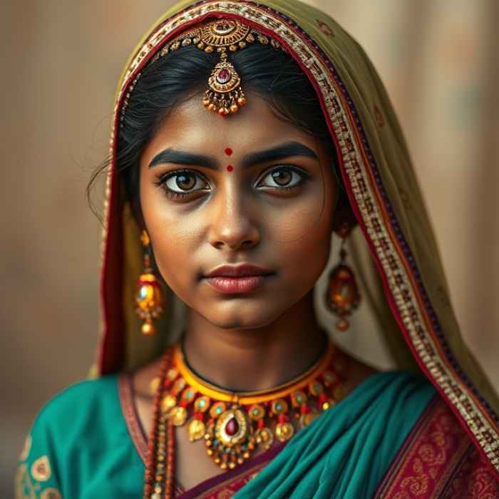 Rajasthani, Indian culture portrait with traditional attire, dance, and rich colors.