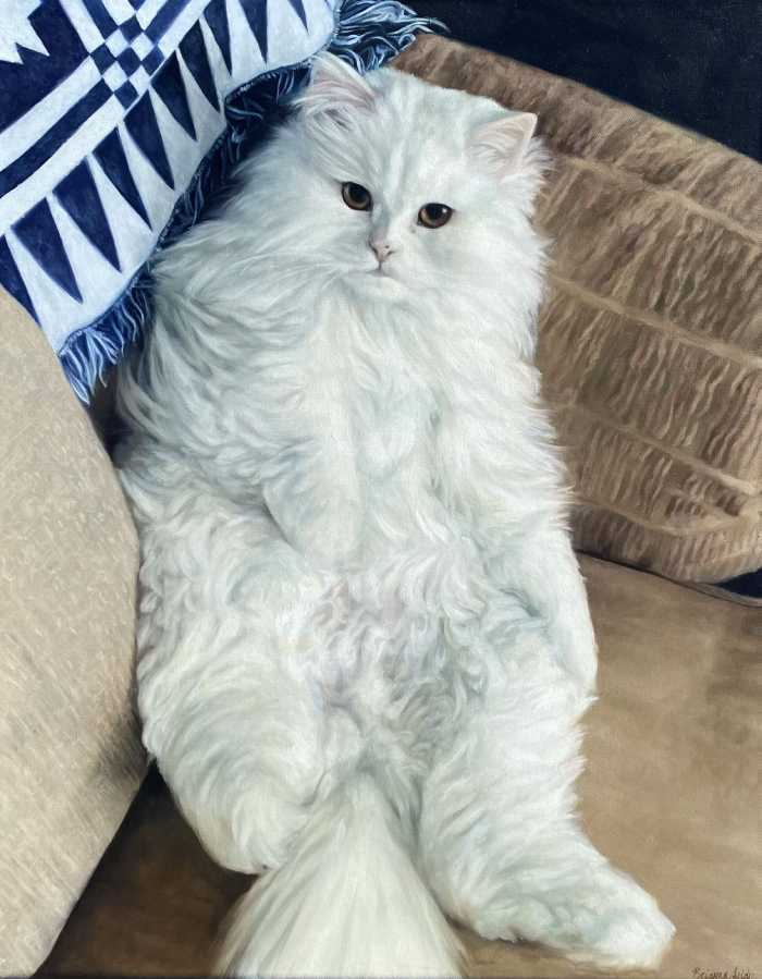 A painting of a cat on canvas, capturing its playful or calm nature with soft colors and detailed brushwork