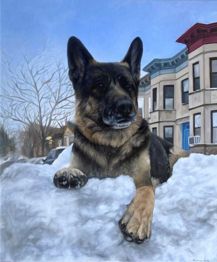 Custom pet portrait painting of a dog, capturing its unique features with vibrant colors and fine details