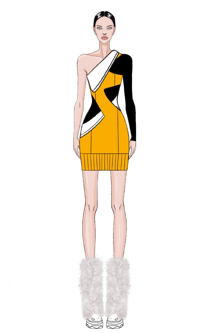 Digital fashion design created with Procreate, featuring a sleek and contemporary dress with bold lines and vibrant colors, highlighting modern fashion trends.