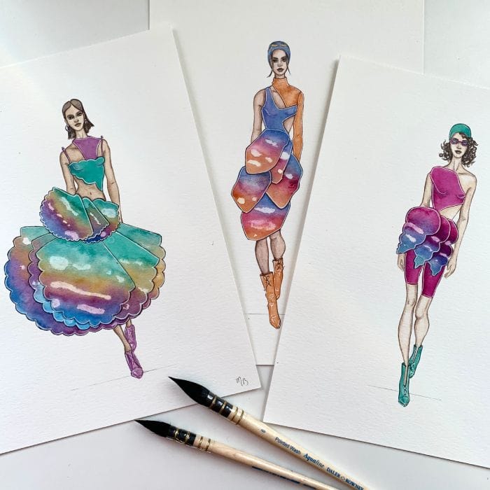 Set of hand-drawn fashion sketches featuring clothing designs and figures.