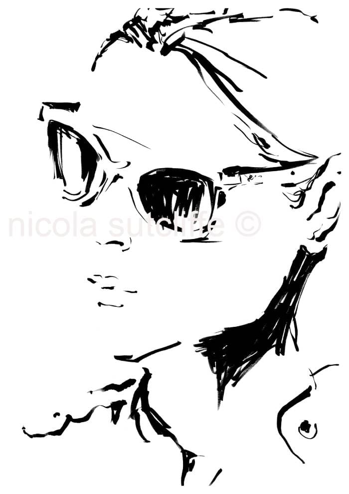 Hand-drawn fashion illustration using ink and brush techniques