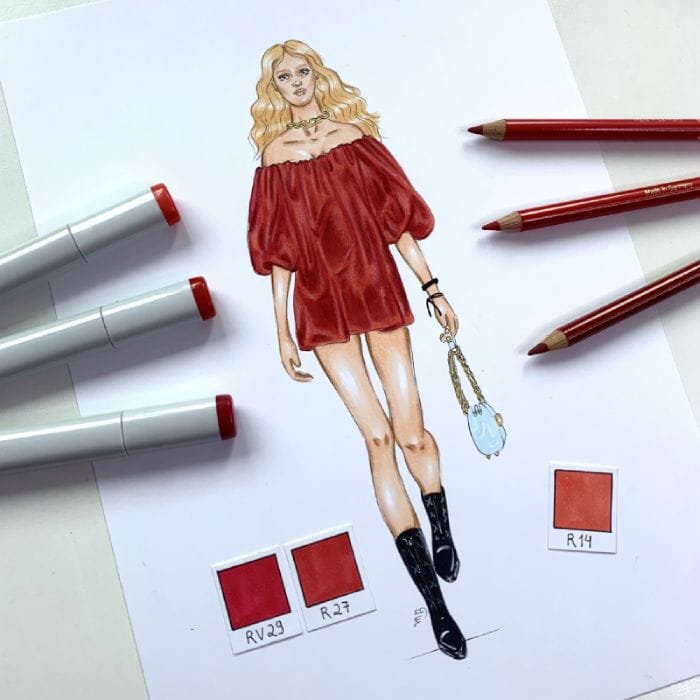 Pencil drawing of a fashion design, showcasing a stylish outfit and figure