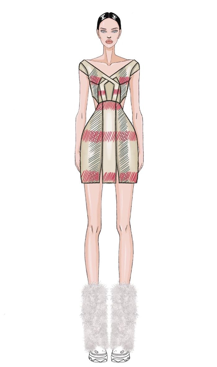 Illustrated runway design featuring a fashion sketch, showcasing creative details and modern trends in haute couture.