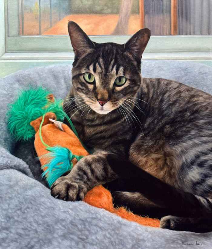 Custom cat portrait painting, capturing the cat’s unique features with vibrant colors and intricate details.