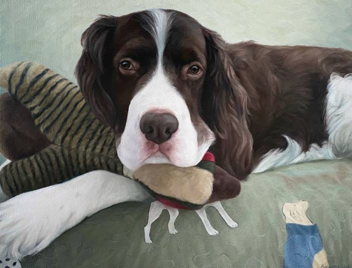 A custom painting of a dog, showing its unique features and personality with bright colors and fine details