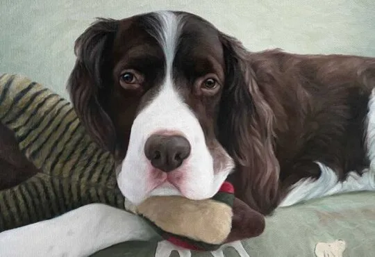 Portrait of a pet artist at work, painting a realistic and detailed image of a dog on a canvas