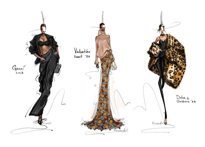 A fashion drawing of three women in designer-inspired outfits by Ganni, Valentino, and Dolce & Gabbana. The sketch has stylish poses and an artistic look
