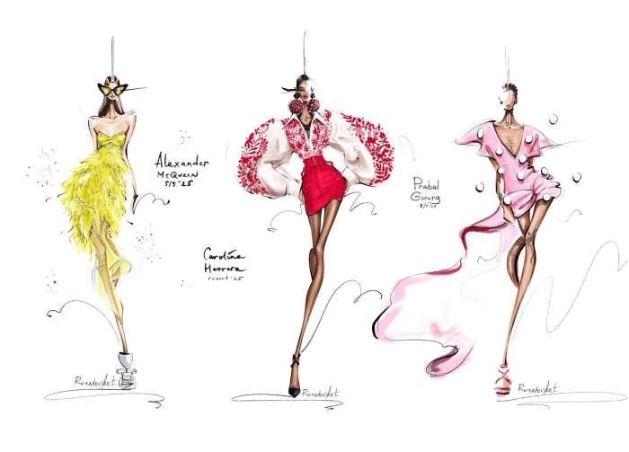 A fashion drawing of three stylish women wearing unique designer outfits inspired by Alexander McQueen, Carolina Herrera, and Prabal Gurung