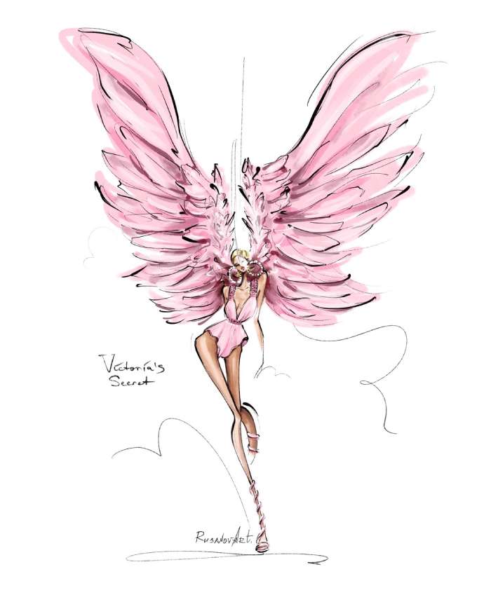 A fashion illustration of a stylized female figure wearing a Victoria's Secret-inspired pink outfit with large, dramatic pink angel wings.