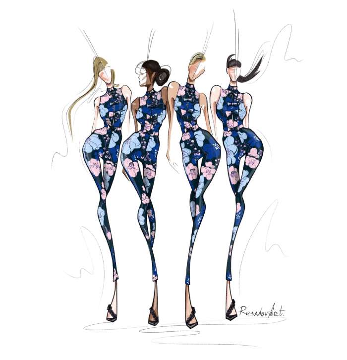 A fashion drawing of four stylish women wearing matching navy blue floral jumpsuits. They have long, slim bodies and different hairstyles.
