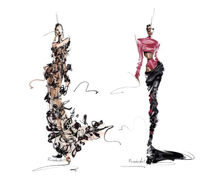 A fashion drawing of two stylish women in designer outfits. One wears a long beige dress with black patterns, and the other wears a pink top with a black skirt. The sketch has flowing lines and a creative, artistic style.