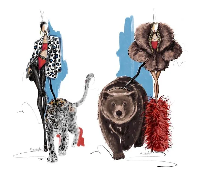 Fashion illustration shows models wearing fantastic animal-inspired clothing with a bear and a leopard at their sides.