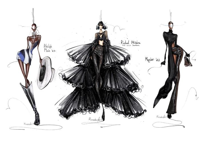 Fashion illustration of three runway-inspired designs by Philipp Plein, Rahul Mishra, and Mugler.