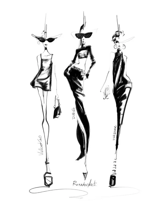 Black and white fashion illustration of runway looks by Valentino, Dolce & Gabbana, and Versace.