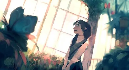 Fantasy girl character in a lush animated garden scene, designed by Rubin Chung