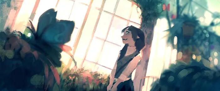 Fantasy girl character in a lush animated garden scene, designed by Rubin Chung