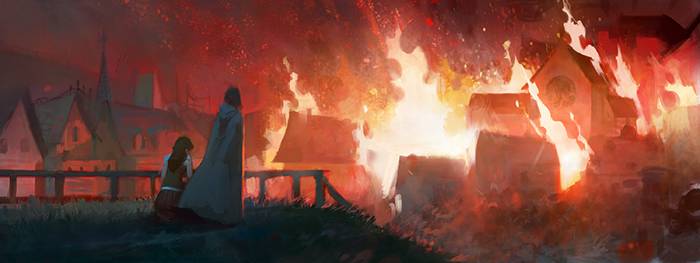 Burned town concept art by Rubin Chung showing a smoldering village in ruins