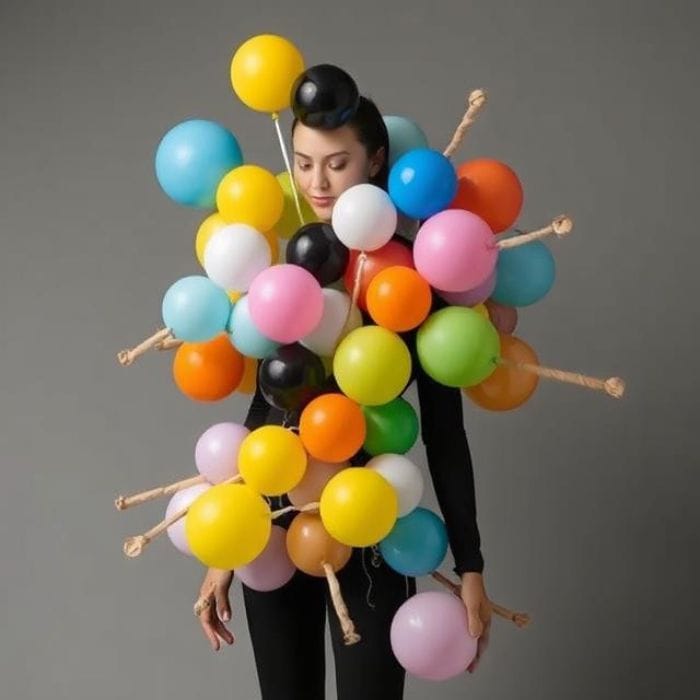 Person in a Blooming Flower Power costume, large pink and green balloons forming petals and leaves, vibrant, cheerful.