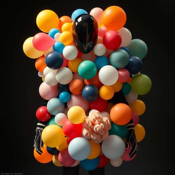 Abstract Art Sculpture costume made of balloons, geometric shapes, various colors, avant-garde, unique.