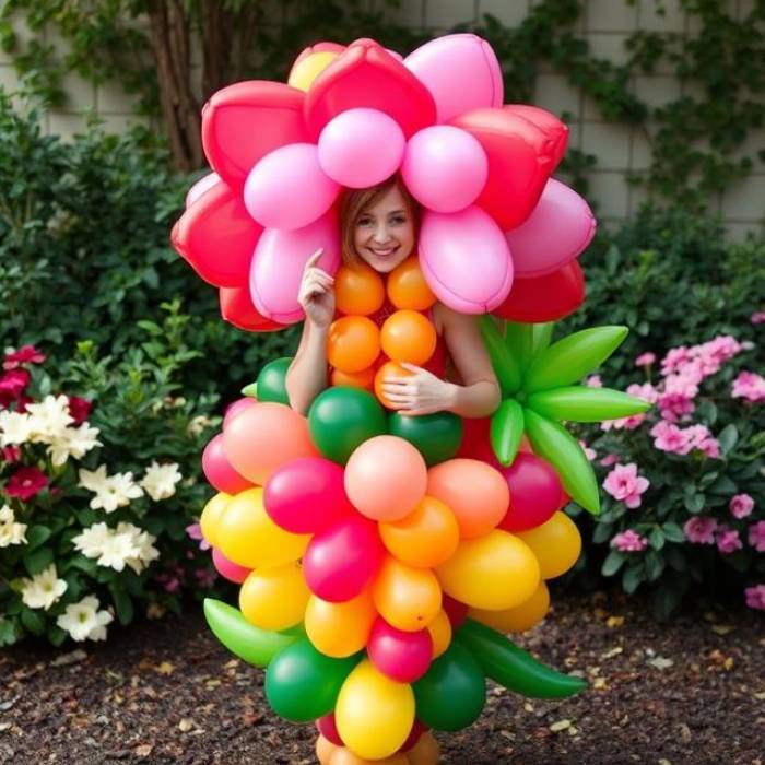 Person in a Blooming Flower Power costume, large pink and green balloons forming petals and leaves, vibrant, cheerful.