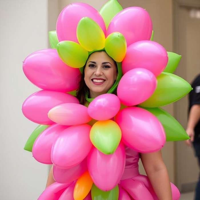 Person in a Blooming Flower Power costume, large pink and green balloons forming petals and leaves, vibrant, cheerful.