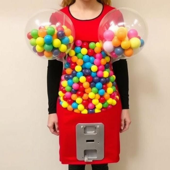 Playful Bubbly Gumball Machine costume, clear balloons with small colorful balloons inside, red base outfit.