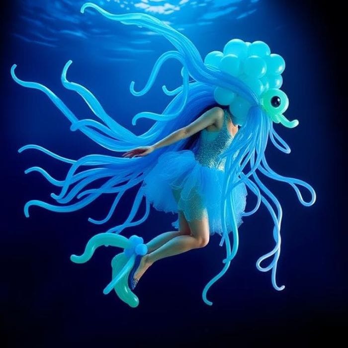 Enchanting Under-the-Sea Creature costume made of blue and green balloons, flowing shapes, underwater feel.