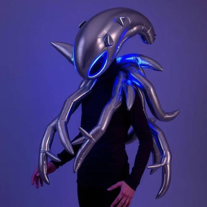 Futuristic Alien Being costume made of metallic and black balloons, sharp angles, otherworldly.