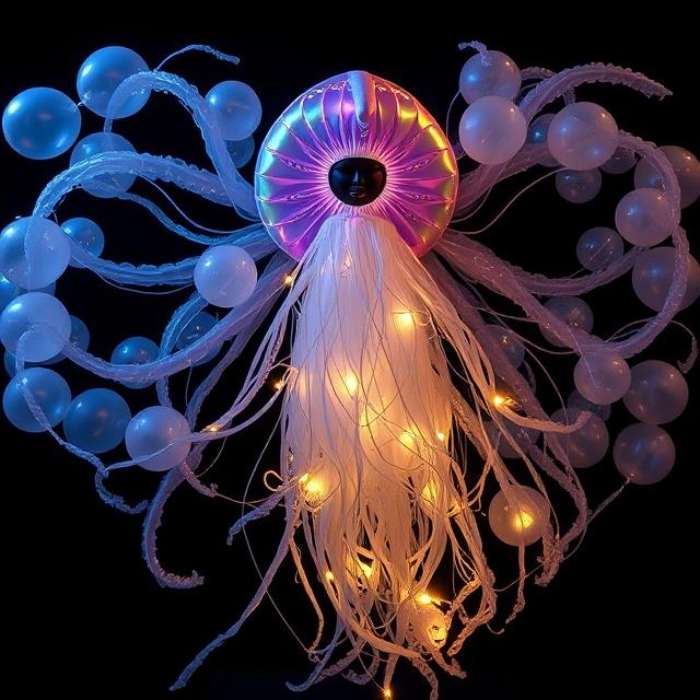Majestic Jellyfish Guardian costume, iridescent balloons, flowing tentacles, glowing effect, dark background.