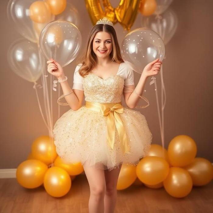 Sparkling Champagne Bubble costume, clear and gold balloons, shimmery base outfit, celebratory.