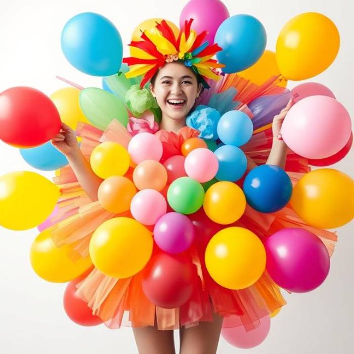 Person wearing a Vibrant Rainbow Explosion costume made of colorful balloons, joyful, dynamic.