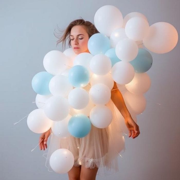 Whimsical Cloud Dreamer costume made of white and light blue balloons, ethereal, dreamy, person floating.