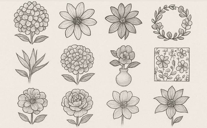 Hand drawn collection of 25 beautiful flower drawings, each showcasing unique floral styles and creative sketch ideas