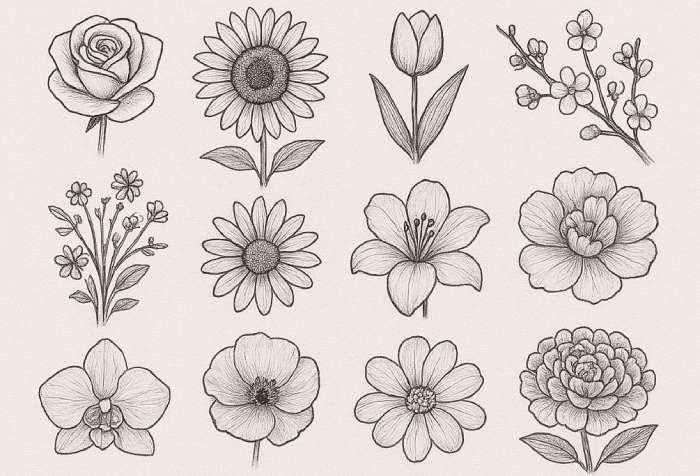 Beautiful hand-drawn flower sketches, featuring different styles and detailed floral designs