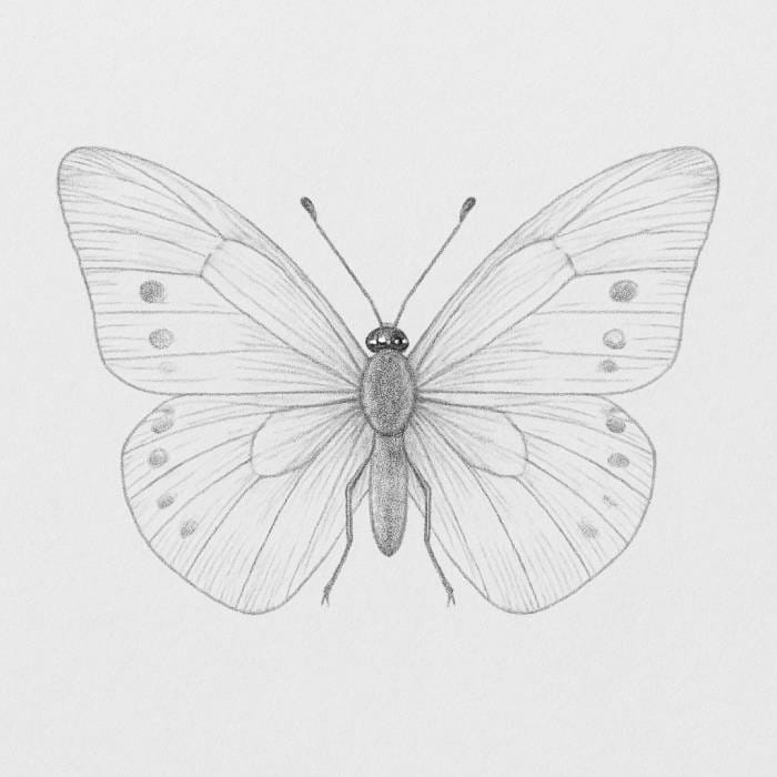 Close-up sketch of a butterfly’s head, curved antennae, and thin legs added to the body outline