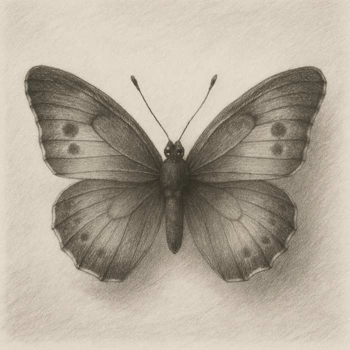 Realistic shading added to butterfly wings and body using pencil, highlighting texture and depth