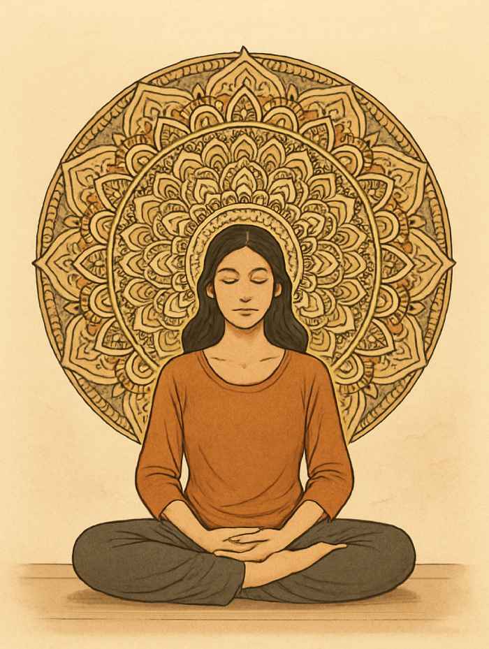 Illustration of a woman meditating in a cross-legged position with eyes closed, sitting peacefully in front of an intricate mandala design in the background