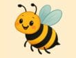 Cartoon bee with a round yellow body, black stripes, smiling face, rosy cheeks, and light blue wings