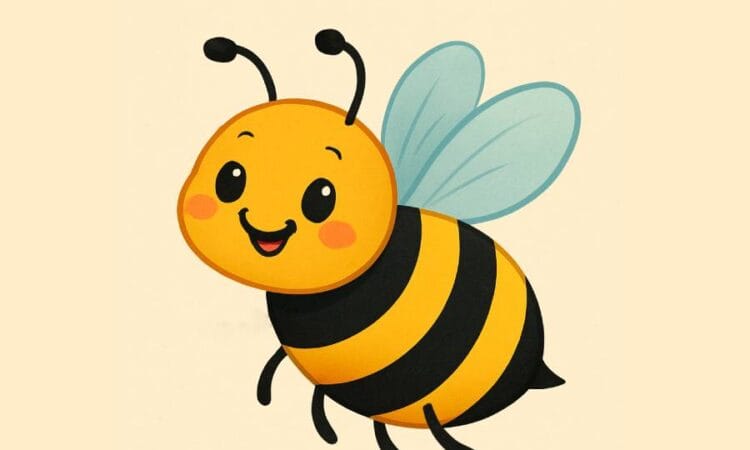 Cartoon bee with a round yellow body, black stripes, smiling face, rosy cheeks, and light blue wings