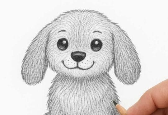 Final step in drawing a puppy with a realistic pencil sketch, showing a hand holding a pencil adding shading and texture to the fur.