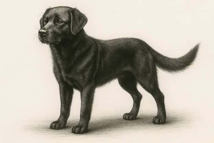 Realistic graphite pencil drawing of a black Labrador Retriever with refined edges, subtle highlights on the fur