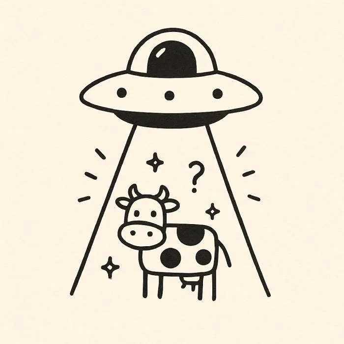 Tiny UFO Beaming up a Cow Drawing