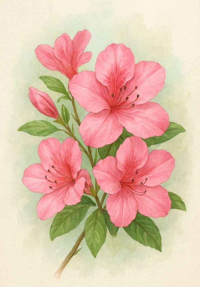 Watercolor style drawing of blooming pink azalea flowers with green leaves, serving as inspiration from artists and real-life examples