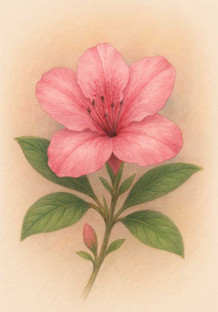 Colored pencil artwork of a pink azalea flower with green leaves, showing the transition from simple sketch to fine detailed art