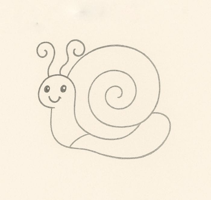Simple pencil drawing of a smiling snail with a spiral shell and long curly antennae.