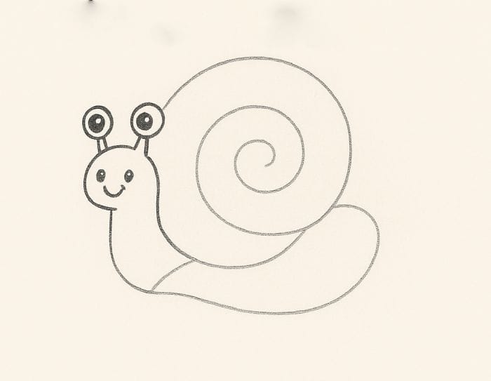 Simple pencil drawing of a cute snail with a spiral shell, large round eyes on stalks, and a smiling face.