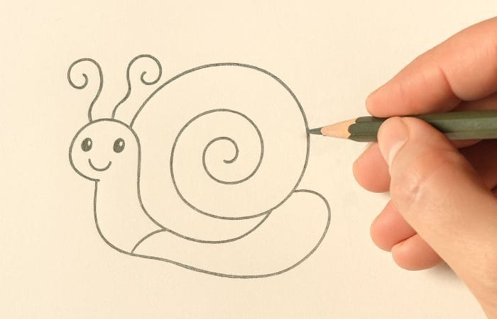 Hand drawing a cute cartoon snail with a spiral shell using a pencil on white paper.