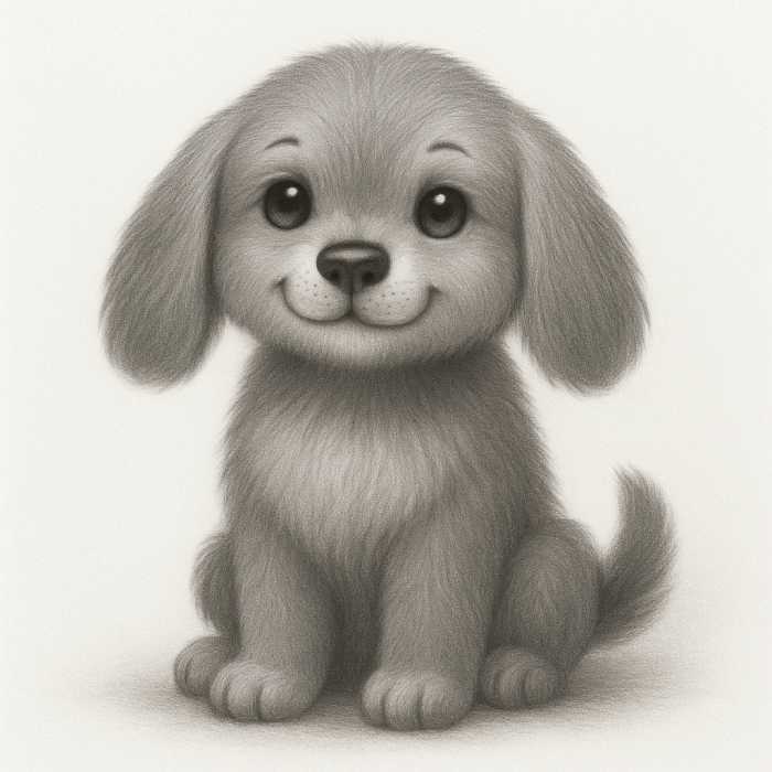 Step 6 of drawing a puppy: Completed pencil drawing with smooth shading, subtle highlights, and realistic fur texture, giving the puppy a three-dimensional look.